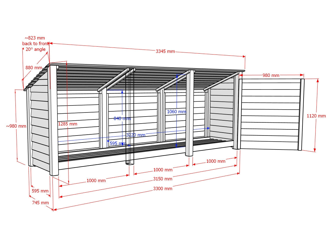 Wooden Log Store (Roof Sloping Back) with Shelf W-335cm, H-126cm or 180cm, D-88cm