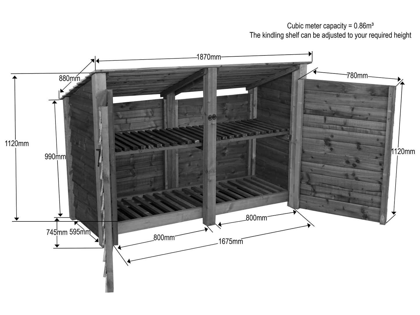 Wooden Log Store (Roof Sloping Back) with Doors and Shelf W-187cm, H-126cm or 180cm, D-88cm - Brown Finish