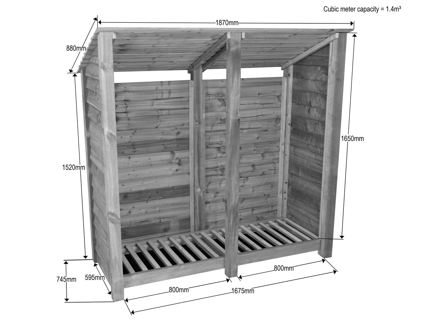 Wooden Log Store (Roof Sloping Back) W-187cm, H-126cm or 180cm, D-88cm - Brown Finish