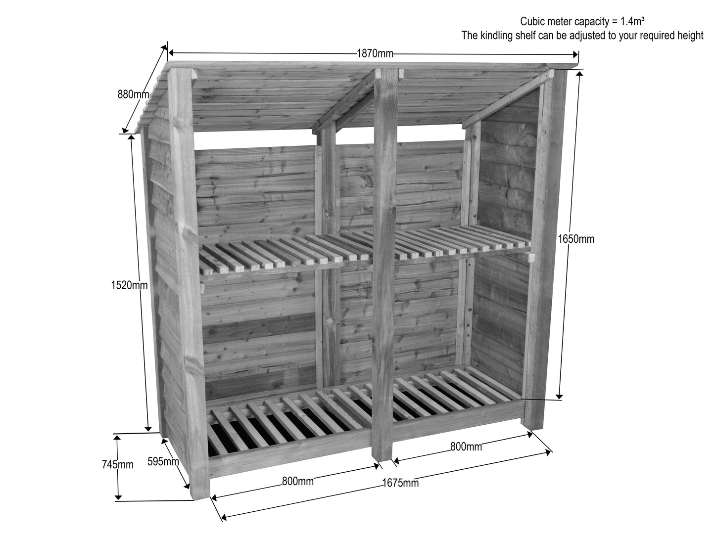 Wooden Log Store (Roof Sloping Back) with Shelf W-187cm, H-126cm or 180cm, D-88cm