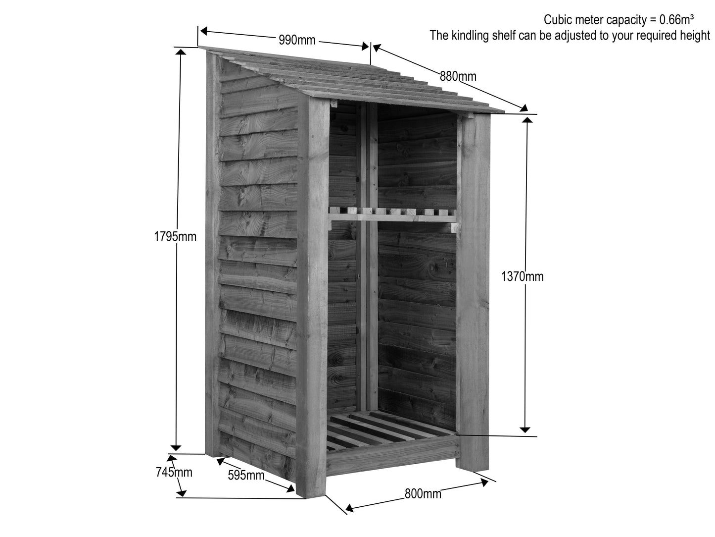 Wooden Log Store with Shelf W-99cm, H-126cm Or 180cm, D-88cm - Brown Finish