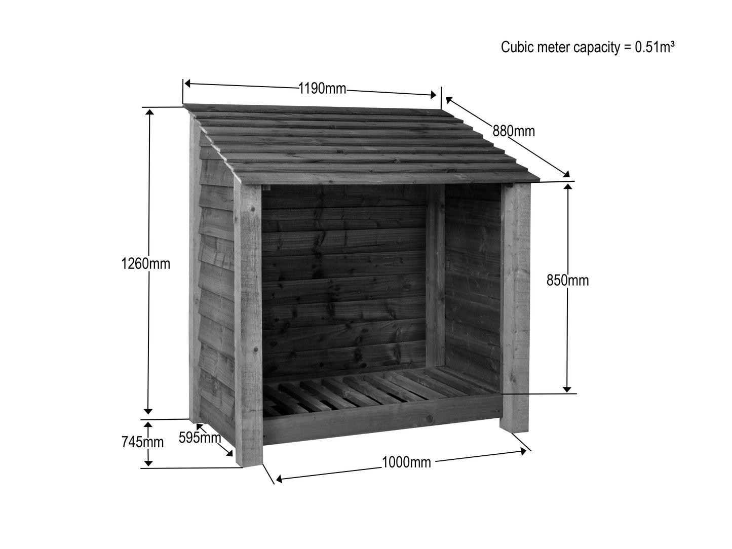 Slatted Wooden Log Store W-119cm, H-126cm Or 180cm, D-88cm