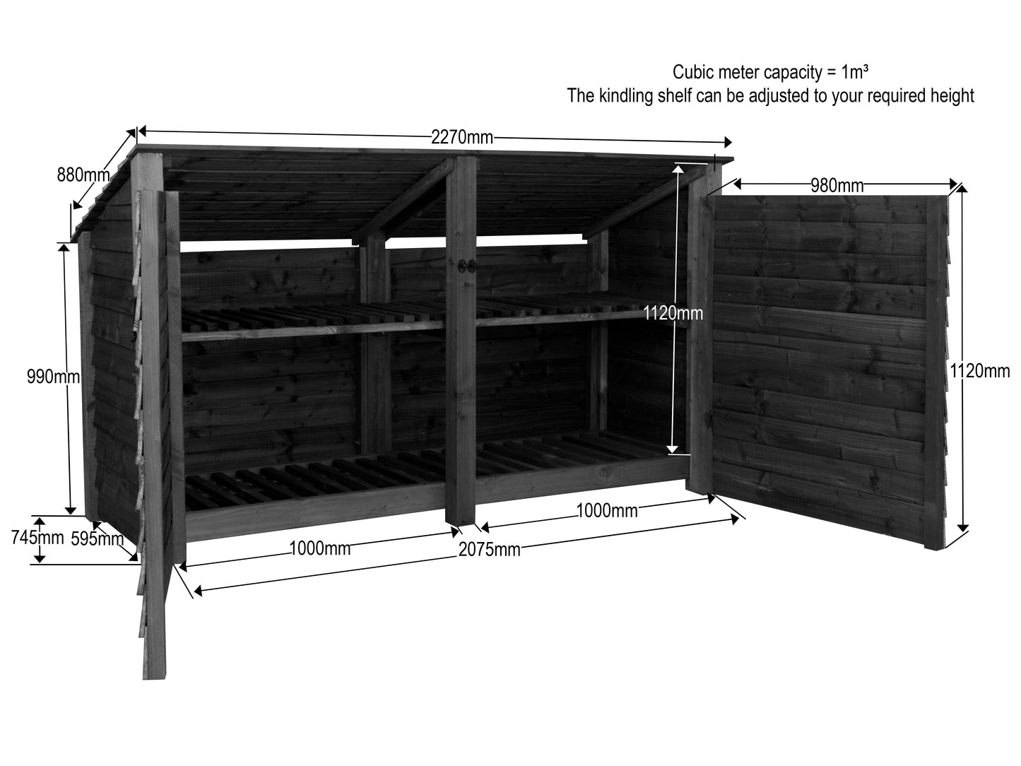 Wooden Log Store (Roof Sloping Back) with Doors and Shelf W-227cm, H-126cm or 180cm, D-88cm