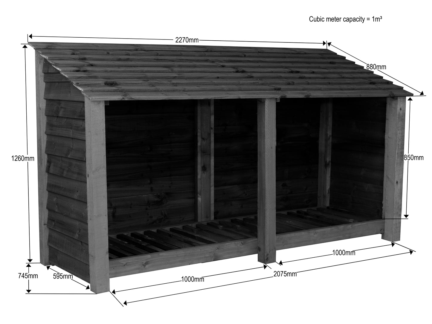 Slatted Wooden Log Store W-227cm, H-126cm or 180cm, D-88cm