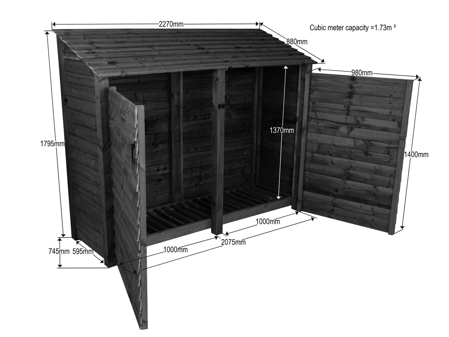 Slatted Wooden Log Store with Doors W-227cm, H-126cm or 180cm, D-88cm - Brown Finish