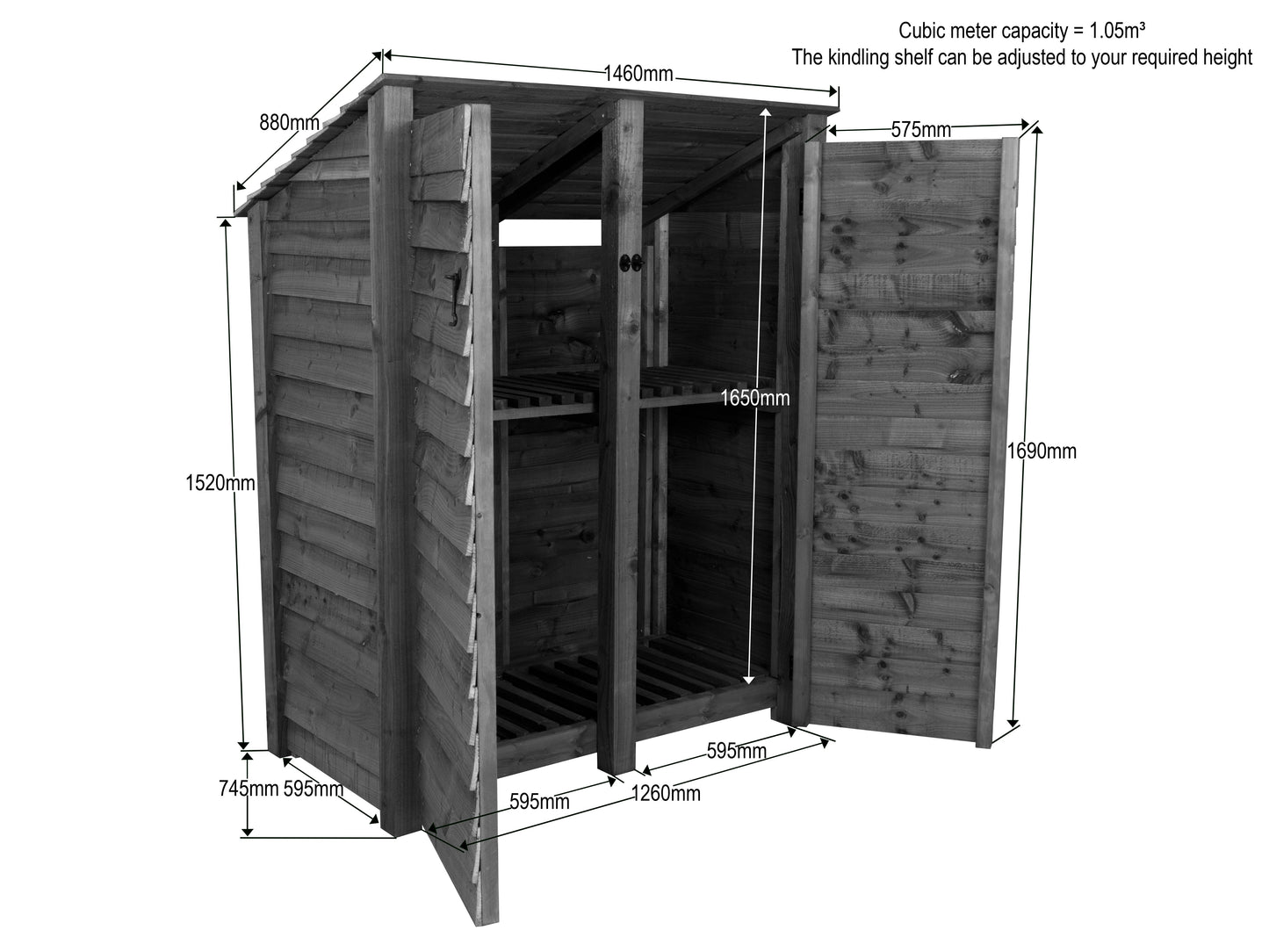 Wooden Log Store (Roof Sloping Back) with Door and Shelf W-146cm, H-126cm or 180cm, D-88cm