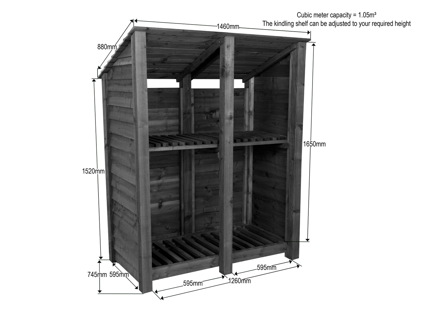Wooden Log Store (Roof Sloping Back) with Shelf W-146cm, H-126cm or 180cm, D-88cm