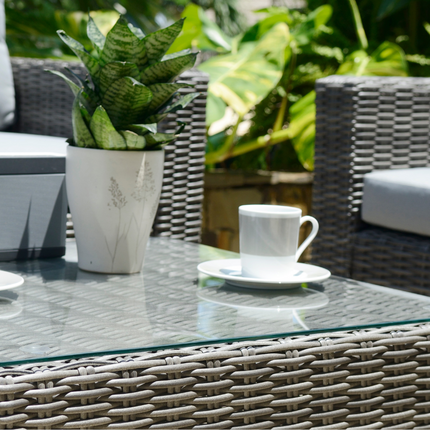 Marbella Grey 5 Seater Chaise Garden Sofa Set, Cover and Cushion Box Bundle