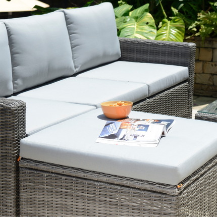 Marbella Grey 5 Seater Chaise Garden Sofa Set, Cover and Cushion Box Bundle