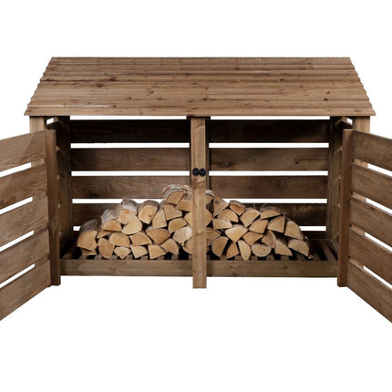 Slatted Wooden Log Store with Doors W-187cm, H-126cm or 180cm, D-88cm - Brown Finish