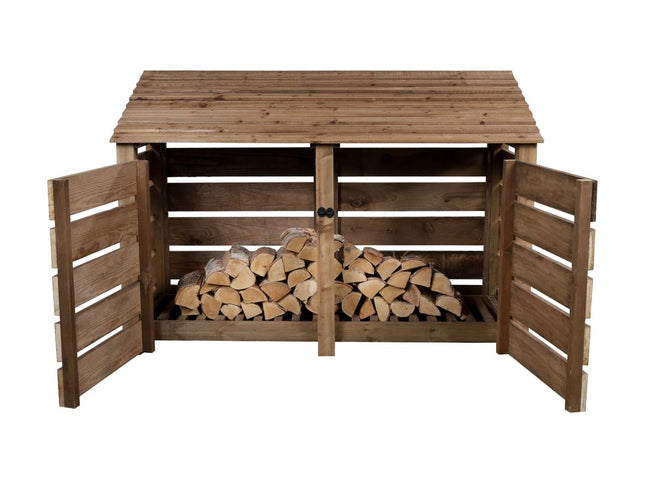 Slatted Wooden Log Store with Doors W-187cm, H-126cm or 180cm, D-88cm - Brown Finish