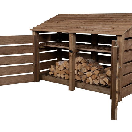 Slatted Wooden Log Store with Doors And Shelf W-187cm, H-126cm or 180cm, D-88cm - Brown Finish