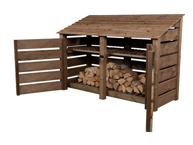 Slatted Wooden Log Store with Doors And Shelf W-187cm, H-126cm or 180cm, D-88cm - Brown Finish