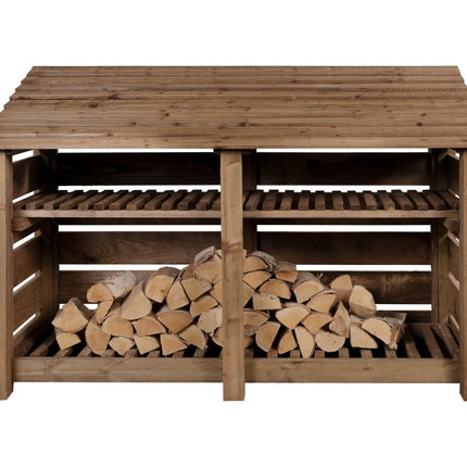 Slatted Wooden Log Store with Shelf W-187cm, H-126cm or 180cm, D-88cm - Brown Finish