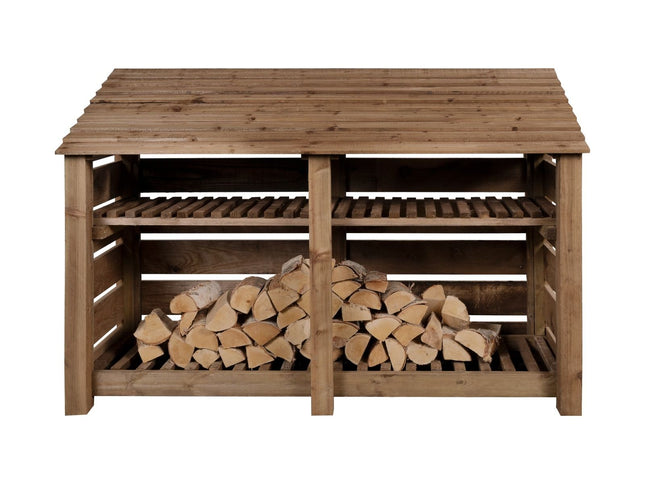 Slatted Wooden Log Store with Shelf W-187cm, H-126cm or 180cm, D-88cm - Brown Finish