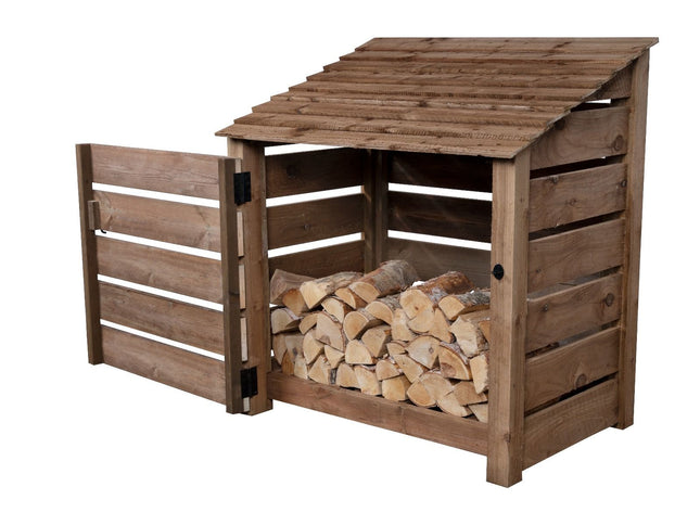 Slatted Wooden Log Store with Door W-119cm, H-126cm or 180cm, D-88cm - Brown Finish