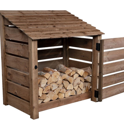 Slatted Wooden Log Store with Door W-119cm, H-126cm or 180cm, D-88cm - Brown Finish