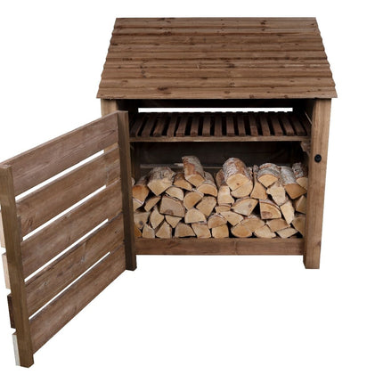 Slatted Wooden Log Store with Door and Shelf W-119cm, H-126cm or 180cm, D-88cm - Brown Finish