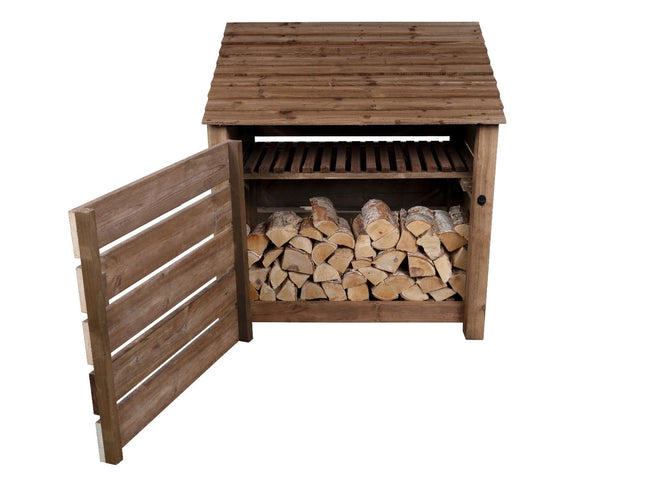 Slatted Wooden Log Store with Door and Shelf W-119cm, H-126cm or 180cm, D-88cm - Brown Finish