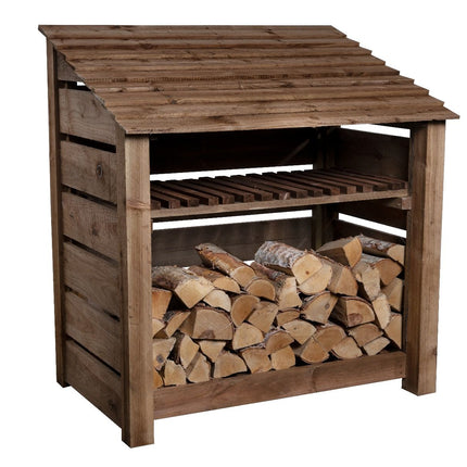 Slatted Wooden Log Store with Shelf W-119cm, H-126cm or 180cm, D-88cm - Brown Finish