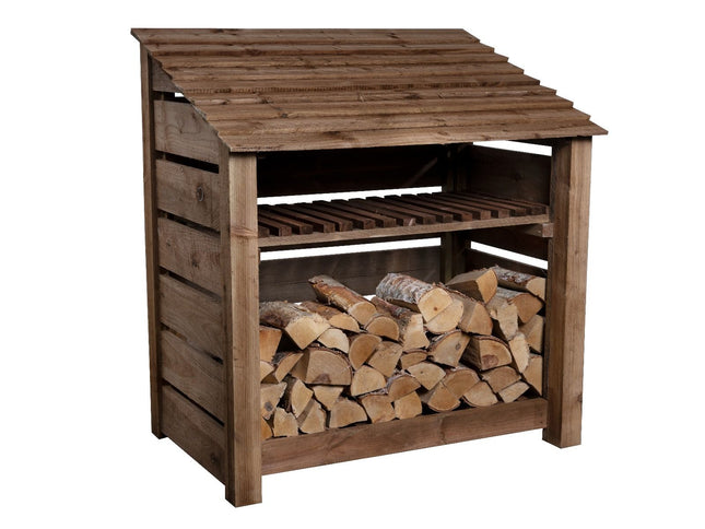 Slatted Wooden Log Store with Shelf W-119cm, H-126cm or 180cm, D-88cm - Brown Finish