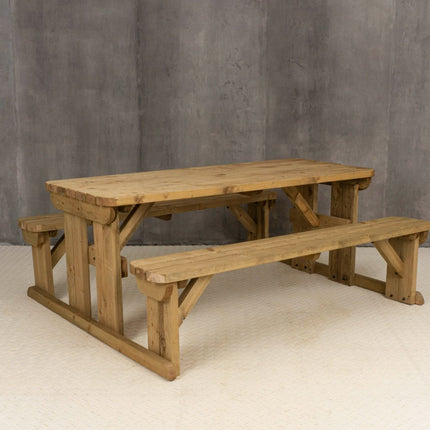Abies Rounded Picnic Table and Benches Set - Rustic Finish