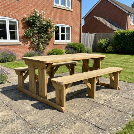 Abies Rounded Picnic Table and Benches Set - Rustic Finish