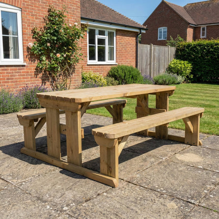 Abies Rounded Picnic Table and Benches Set - Rustic Finish