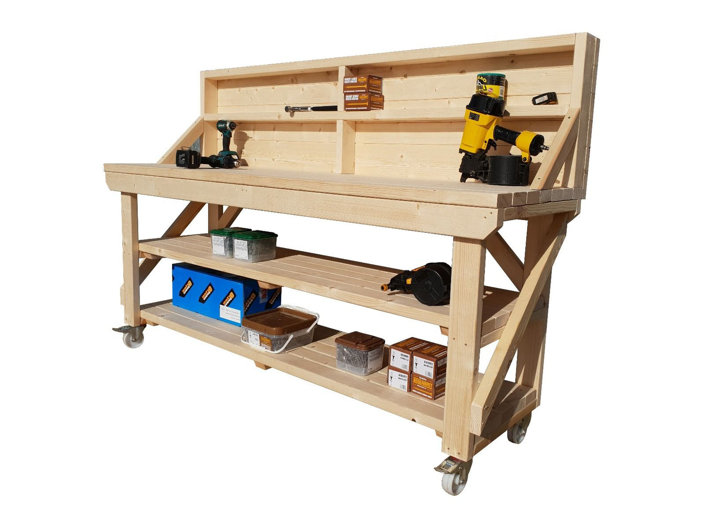 Acorn Wooden Workbench With Back Panel, Double Shelf and Wheels
