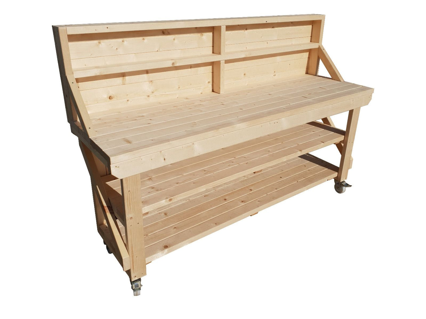 Acorn Wooden Workbench With Back Panel, Double Shelf and Wheels