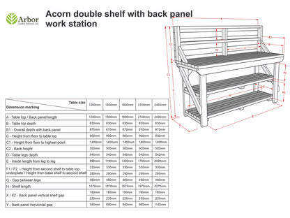 Acorn Wooden Workbench With Back Panel and Double Shelf