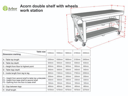 Acorn Wooden Workbench With Double Shelf and Wheels