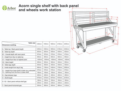 Acorn Wooden Workbench With Back Panel and Wheels