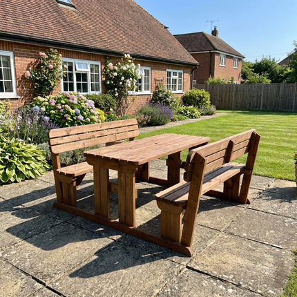 Alders Rounded Picnic Table and Benches Set With Backrest - Rustic Finish