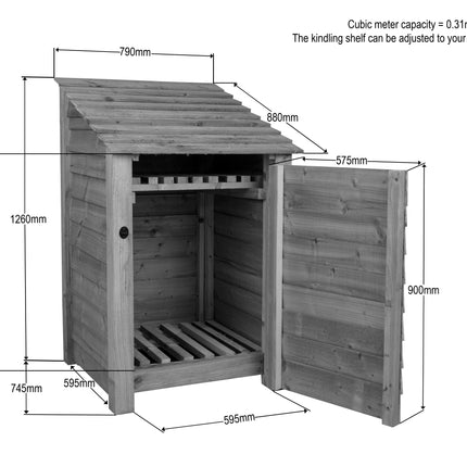 Slatted Wooden Log Store With Door and Shelf W-79cm, H-126cm or 180cm, D-88cm - Brown Finish