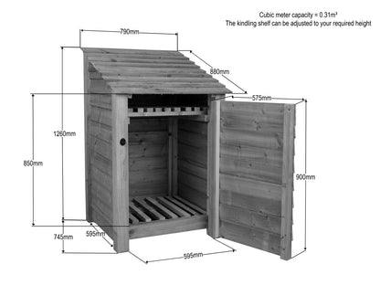 Slatted Wooden Log Store With Door and Shelf W-79cm, H-126cm or 180cm, D-88cm - Brown Finish