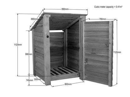 Wooden Log Store with Door (Roof Sloping Back) W-99cm, H-126cm Or 180cm, D-88cm