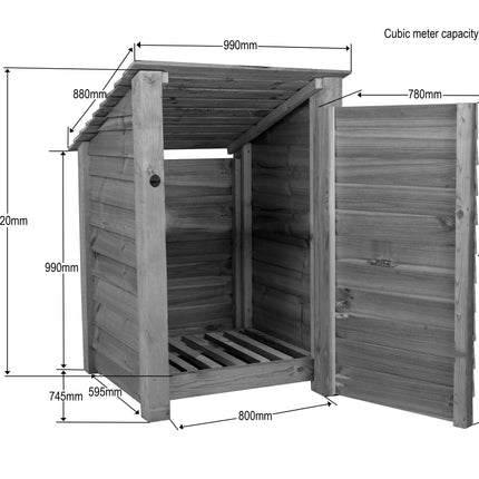 Slatted Wooden Log Store with Door W-99cm, H-126cm or 180cm, D-88cm - Brown Finish