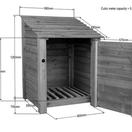 Slatted Wooden Log Store with Door W-99cm, H-126cm Or 180cm, D-88cm