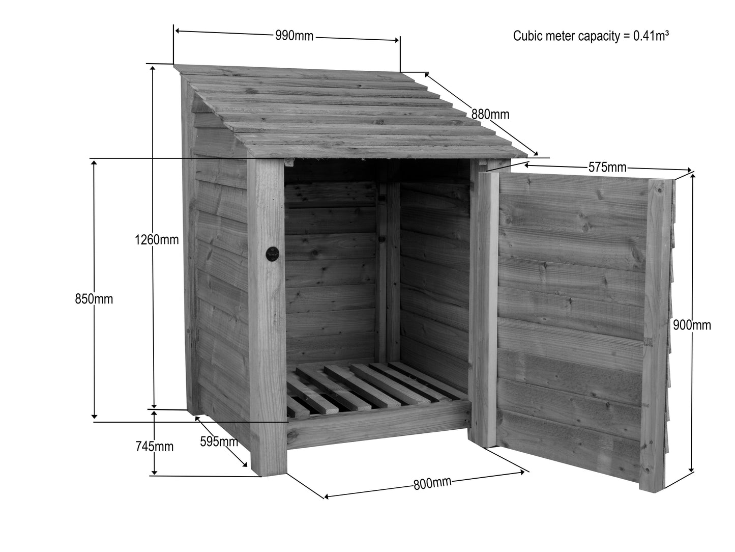 Wooden Log Store with Door W-99cm, H-126cm Or 180cm, D-88cm - Brown Finish