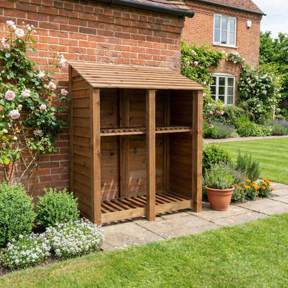 Wooden Log Store with Shelf W-146cm, H-126cm or 180cm, D-88cm - Brown Finish