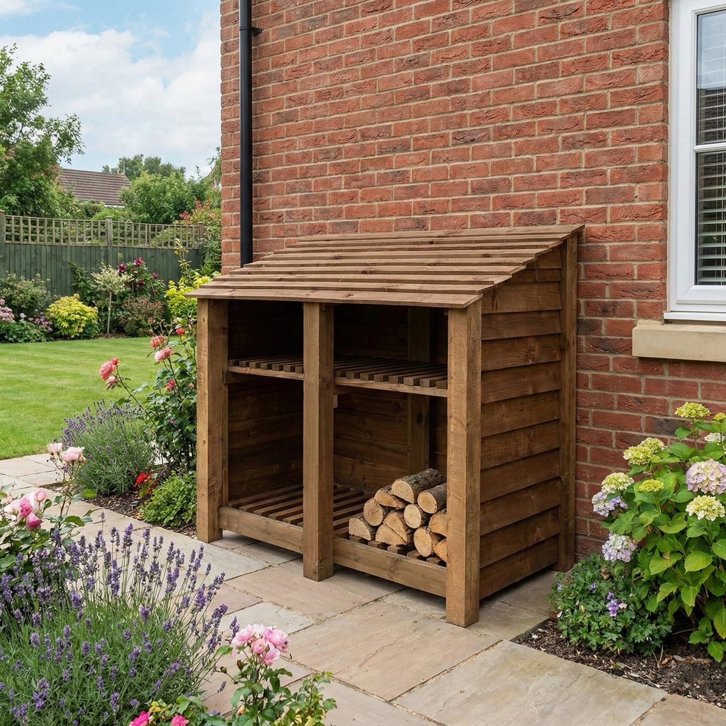 Wooden Log Store with Shelf W-146cm, H-126cm or 180cm, D-88cm - Brown Finish