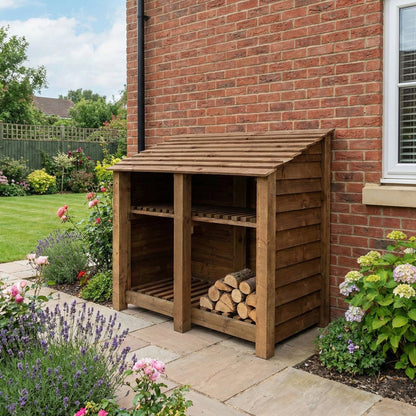 Wooden Log Store with Shelf W-146cm, H-126cm or 180cm, D-88cm - Brown Finish
