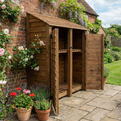 Wooden Log Store with Door and Shelf W-146cm, H-126cm or 180cm, D-88cm - Brown Finish