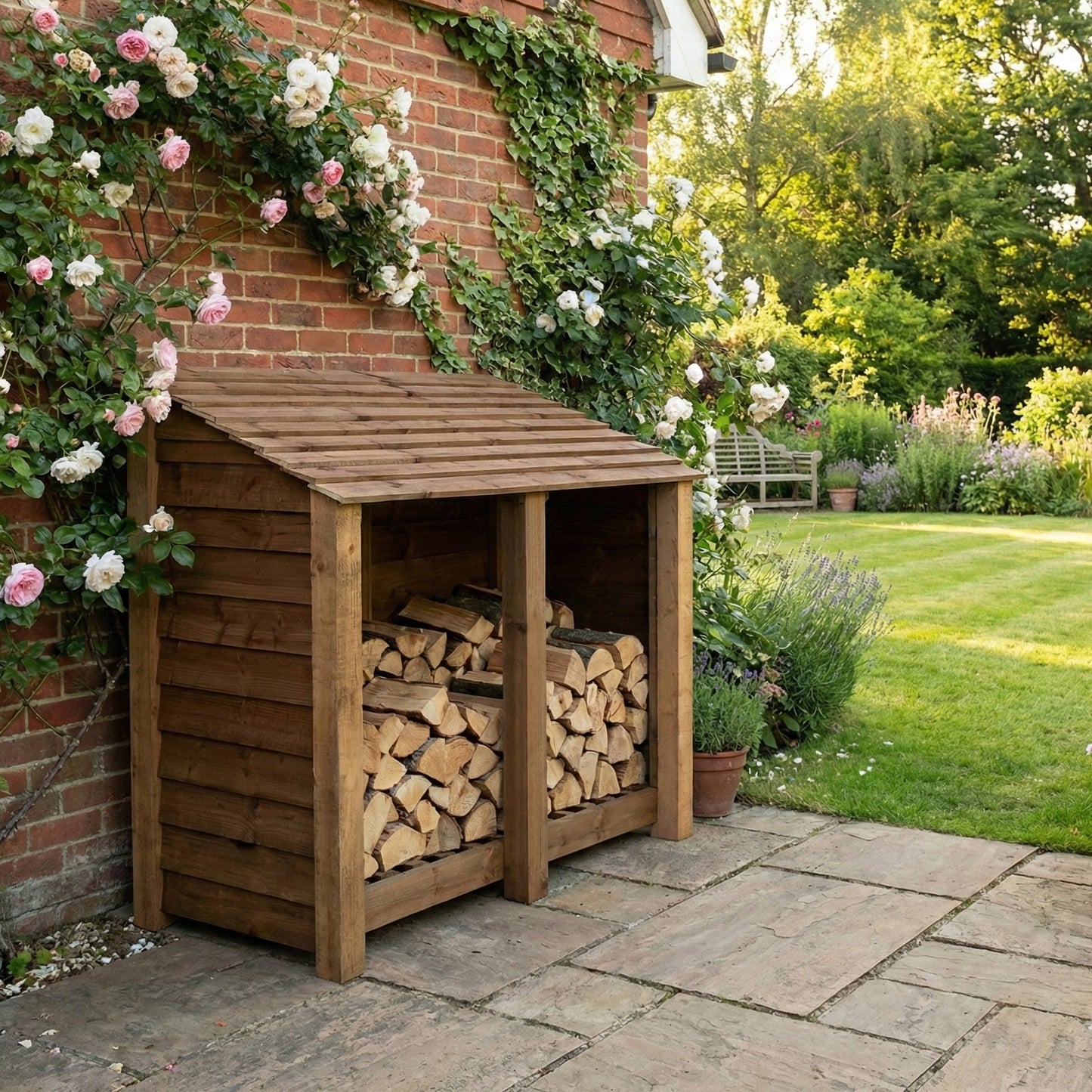 Wooden Log Store W-146cm, H-126cm or 180cm, D-88cm - Brown Finish