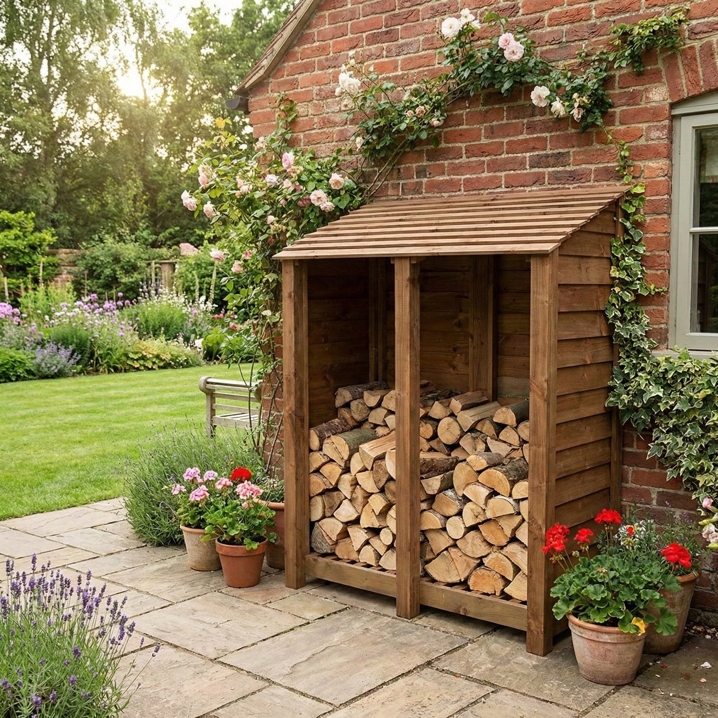 Wooden Log Store W-146cm, H-126cm or 180cm, D-88cm - Brown Finish
