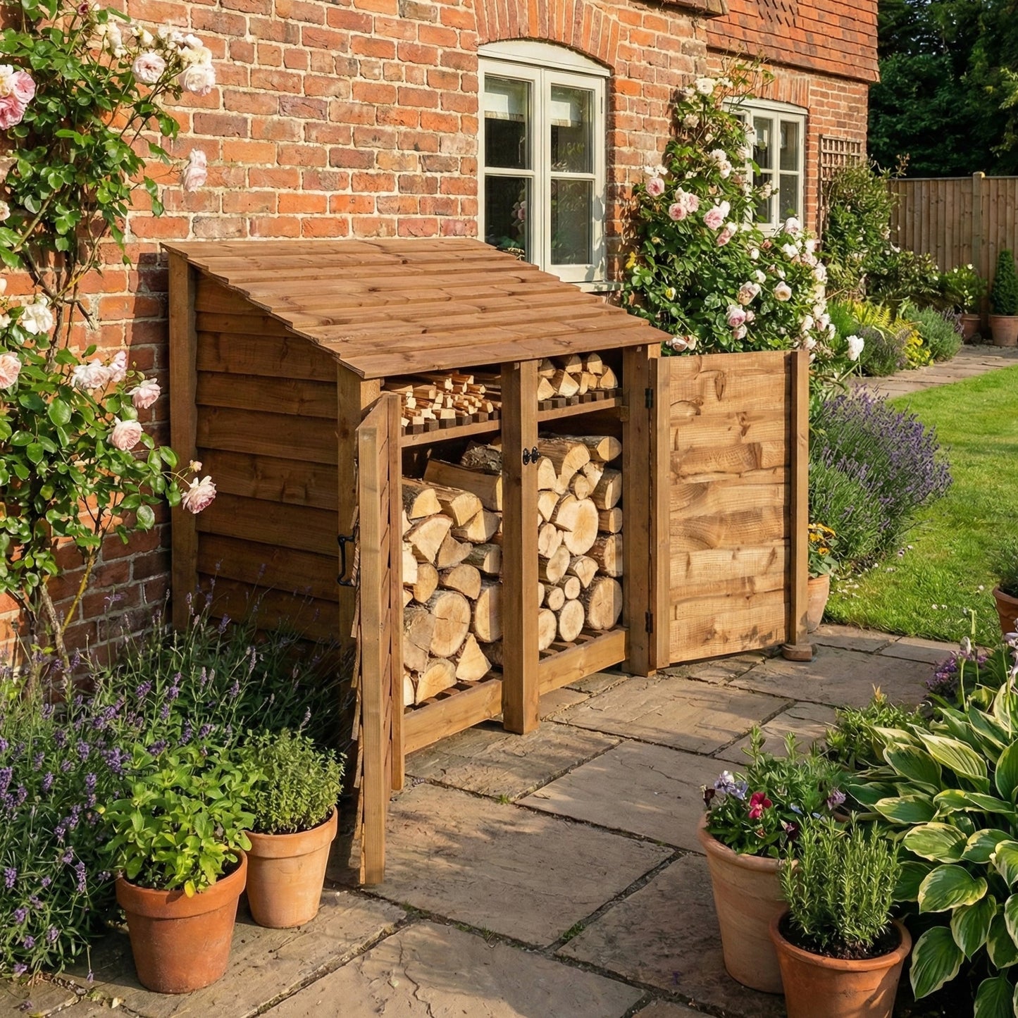 Wooden Log Store with Door and Shelf W-146cm, H-126cm or 180cm, D-88cm - Brown Finish