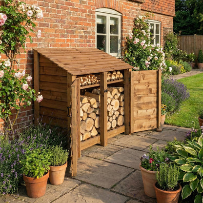 Wooden Log Store with Door and Shelf W-146cm, H-126cm or 180cm, D-88cm - Brown Finish