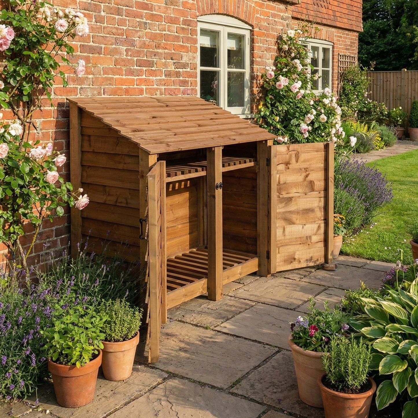 Wooden Log Store with Door and Shelf W-146cm, H-126cm or 180cm, D-88cm - Brown Finish