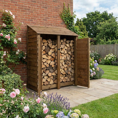 Wooden Log Store with Door W-146cm, H-126cm or 180cm, D-88cm - Brown Finish
